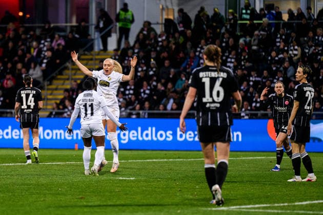 260325 Monica Jusu Bah and Alva Selerud of Häcken celebrates 0 1 during the UEFA Women s Europa Cup semifinal between Eintracht Frankfurt and Häcken on March 25, 2026 in Frankfurt Photo Mathias Bergeld BILDBYRAN kod MB MB1357 fotboll football soccer fotball europa cup eintracht frankfurt häcken uefa womens europa cup dam bbeng semifinal jubel  Copyright: MATHIASxBERGELD BB260325MB031
