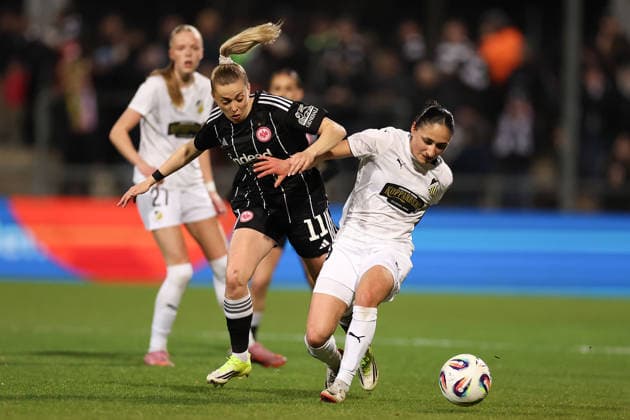 FRANKFURT AM MAIN, GERMANY 25 03 2026 UEFA Women™s Europa Cup semi-final first leg between Eintracht Frankfurt Women and BK Haecken FF at the Stadion am Brentanobad in Frankfurt am Main f l , Nina Luehrssen Eintracht Frankfurt , Nesrin Akguen BK Haecken FF duel, action, action, battles for the ball Copyright: JoaquimxFerreira