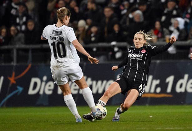 25 03 2026, xjhx, Football UEFA Women s Europa Cup, Eintracht Frankfurt BK Häcken v l Anna Anvegard BK Häcken , Elisa Senss Senß Eintracht Frankfurt Frauen DFL DFB REGULATIONS PROHIBIT ANY USE OF PHOTOGRAPHS as IMAGE SEQUENCES and or QUASI VIDEO Frankfurt am Main