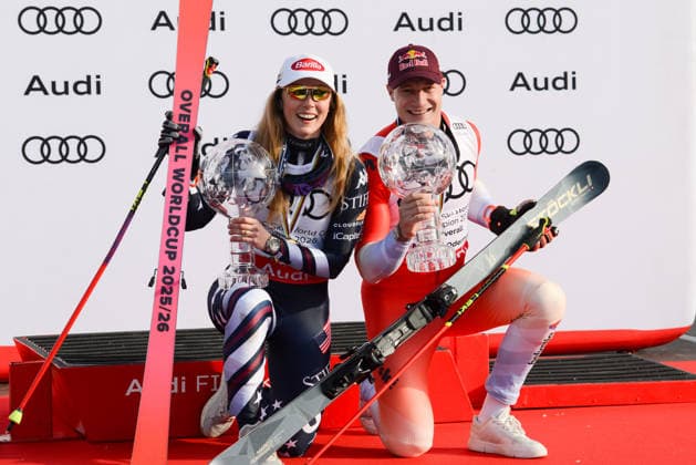 March 25, 2026, Hafjell, Norway: Mikaela Shiffrin of the Unites States and Marco Odermatt of Switzerland with their crystal globes for being the overall champions for the 2025 26 FIS Alpine World Cup season Hafjell Norway - ZUMAl132 20260325_zap_l132_027 Copyright: xChristopherxLevyx