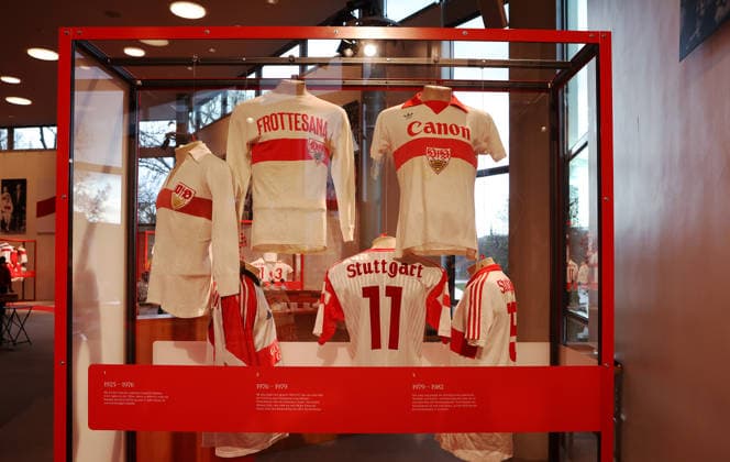 25 03 2026, Germany, Stuttgart, Football VfB Stuttgart exhibition A jersey makes history , Feature exhibits with jerseys