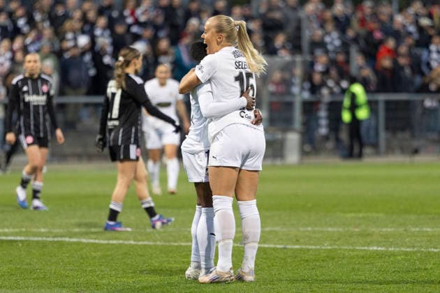 UEFA Womens Europa Cup Eintracht Frankfurt BK Häcken, 25 03 2026 Alva Selerud BK Häcken 15 scored the goal, the sore, the goal, to 0 1 Monica Bah BK Häcken 11 celebrates with her, Eintracht Frankfurt BK Häcken, Frankfurt, Stadion am Brentanobad, 25 3 2026 Copyright: xBEAUTIFULxSPORTS Gawlikx