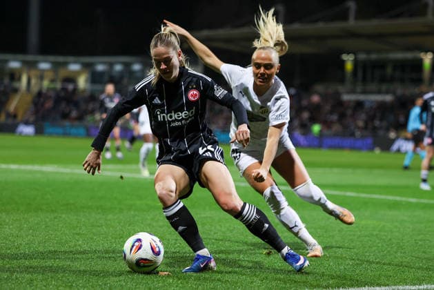 FRANKFURT AM MAIN, GERMANY 25 03 2026 UEFA Women™s Europa Cup semi-final first leg between Eintracht Frankfurt Women and BK Haecken FF at the Stadion am Brentanobad in Frankfurt am Main v l , Nadine Andrina Riesen Eintracht Frankfurt , Alva Selerud BK Haecken FF , duel, action, action, battles for the ball Copyright: JoaquimxFerreira