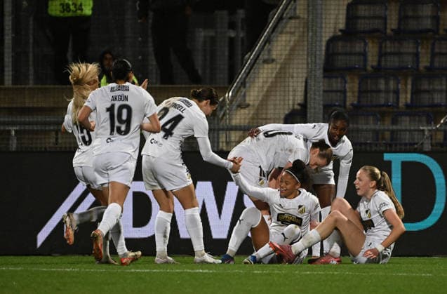 25 03 2026, xjhx, Football UEFA Women s Europa Cup, Eintracht Frankfurt BK Häcken v l Felicia Schröder BK Häcken celebrate the goal, Der Torjubel zum 0 2 DFL DFB REGULATIONS PROHIBIT ANY USE OF PHOTOGRAPHS as IMAGE SEQUENCES and or QUASI VIDEO Frankfurt am Main