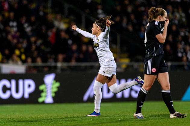 260325 Felicia Schröder of Häcken celebrates scoring 0 2 during the UEFA Women s Europa Cup semifinal between Eintracht Frankfurt and Häcken on March 25, 2026 in Frankfurt Photo Mathias Bergeld BILDBYRAN kod MB MB1357 fotboll football soccer fotball europa cup eintracht frankfurt häcken uefa womens europa cup dam bbeng semifinal jubel  Copyright: MATHIASxBERGELD BB260325MB046