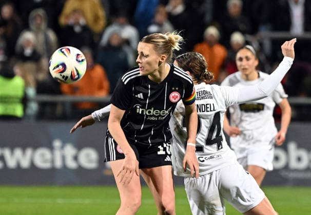25 03 2026, xjhx, Football UEFA Women s Europa Cup, Eintracht Frankfurt BK Häcken v l Laura Freigang Eintracht Frankfurt Frauen , Tabby Tindell BK Häcken DFL DFB REGULATIONS PROHIBIT ANY USE OF PHOTOGRAPHS as IMAGE SEQUENCES and or QUASI VIDEO Frankfurt am Main