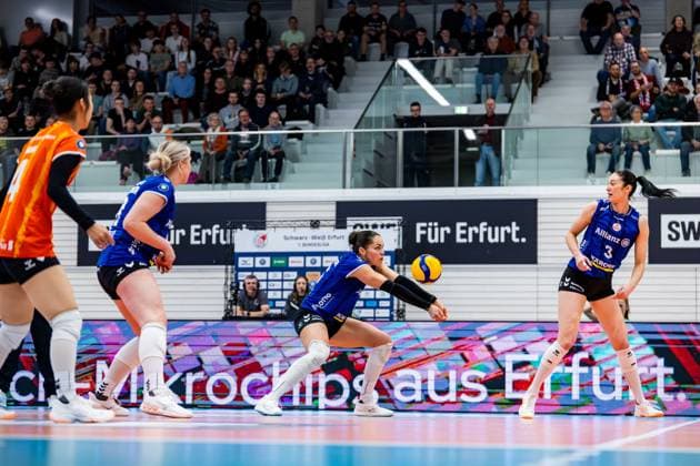 25 03 2026, GER, Volleyball, Women, 1 BL, PlayOffs quarter-finals, Season 25 26, Schwarz Weiss Erfurt Allianz MTV Stuttgart Mikala Mogensen Allianz MTV Stuttgart 99089 Erfurt Sporthalle Sportanlage Rieths Thüringen Germany