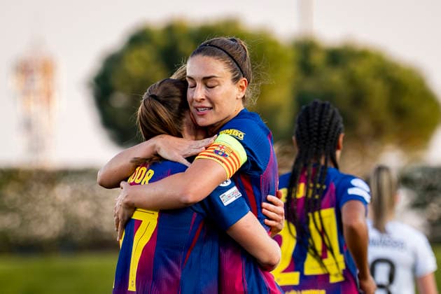 Real Madrid CF v FC Barcelona, Barca - UEFA Women s Champions League 2025 26 Quarter-finals First Leg Alexia Putellas of FC Barcelona (R) celebrates the goal of Ewa Pajor of FC Barcelona (L) during the UEFA Women s Champions League 2025 26 Quarter-finals First Leg match between Real Madrid CF and FC Barcelona at Estadio Alfredo Di Stefano on March 25, 2026 in Madrid, Spain. Valdebebas Estadio Alfredo Di Stefano Madrid Spain Copyright: xAlbertoxGardinx AGardin_20260325_W_Champ_Rea_Mad_Bar_0756