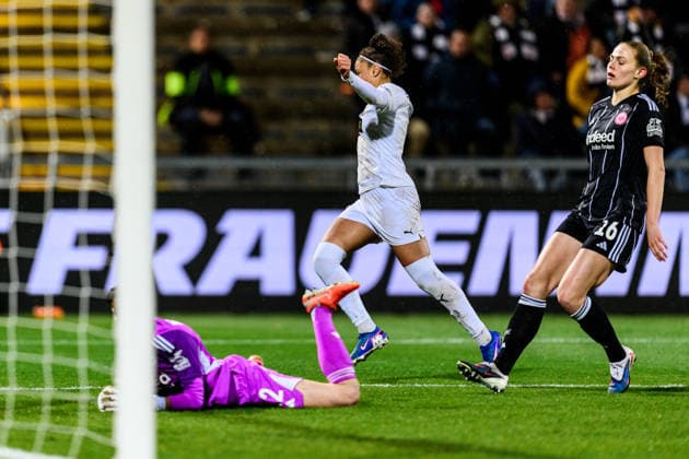 260325 Felicia Schröder of Häcken celebrates scoring 0 3 during the UEFA Women s Europa Cup semifinal between Eintracht Frankfurt and Häcken on March 25, 2026 in Frankfurt Photo Mathias Bergeld BILDBYRAN kod MB MB1357 fotboll football soccer fotball europa cup eintracht frankfurt häcken uefa womens europa cup dam bbeng semifinal jubel  Copyright: MATHIASxBERGELD BB260325MB049