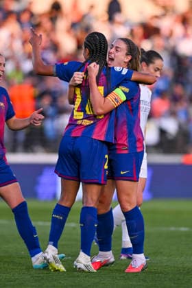 March 25, 2026, Madrid, Madrid, Spain: ESMEE BRUGTS of FC Barcelona, Barca Femenino and ALEXIA PUTELLAS SEGURA of FC Barcelona Femenino celebrates a goal during the Women s Champions League match REAL MADRID FEMENINO Vs FUTBOL CLUB BARCELONA on march 25, 2026, Valdebebas, Madrid, Spain. The Women s Champions League Match REAL MADRID - FUTBOL CLUB BARCELONA (03.25.26)  - ZUMAc312 20260325_zsp_c312_018 Copyright: xOscarxManuelxSanchezx