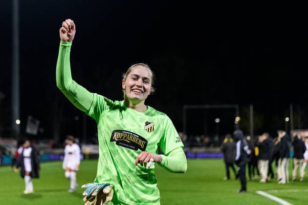 260325 Goalkeeper Fanney Birkisdottir of Häcken celebrates after the UEFA Women s Europa Cup semifinal between Eintracht Frankfurt and Häcken on March 25, 2026 in Frankfurt Photo Mathias Bergeld BILDBYRAN kod MB MB1357 fotboll football soccer fotball europa cup eintracht frankfurt häcken uefa womens europa cup dam bbeng semifinal jubel  Copyright: MATHIASxBERGELD BB260325MB054