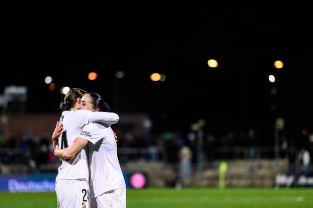 260325 Tabby Tindell and Nesrin Akgun of Häcken celebrate after the UEFA Women s Europa Cup semifinal between Eintracht Frankfurt and Häcken on March 25, 2026 in Frankfurt Photo Mathias Bergeld BILDBYRAN kod MB MB1357 fotboll football soccer fotball europa cup eintracht frankfurt häcken uefa womens europa cup dam bbeng semifinal jubel  Copyright: MATHIASxBERGELD BB260325MB056
