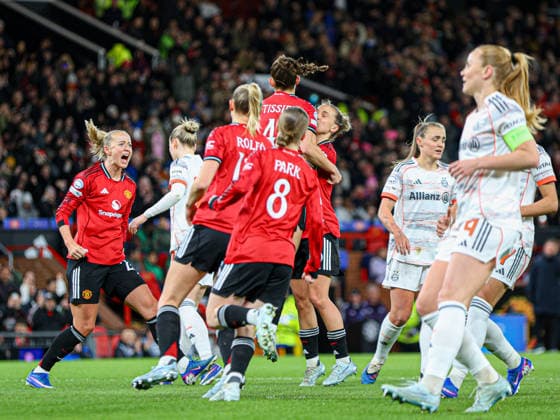 MANCHESTER, ENGLAND - March 25: Maya Le Tissier of Manchester United, ManU celebrates after equalising through a penalty during the UEFA Womens Champions League match between Manchester United and Bayern Munich at Old Trafford in Manchester, England  Copyright: xNataliexMincher SPPx Sportspressphoto_SPR117998