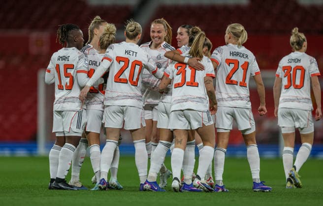 GBR, Manchester, Manchester United vs Bayern Munich, WomenÂs Champions League, Football, UEFA, Season 2025 2026, Old Trafford, Quarter-final, First leg in picture Pernille Harder Bayern Munich 21 , 1 0, Goal, joy, jubilation and emotion DFB DFL REGULATIONS PROHIBIT ANY USE OF PHOTOGRAPHS AS IMAGE SEQUENCES AND OR QUASI VIDEO, 25 03 2026 Copyright: HMBxMedia HendrikxHamelau