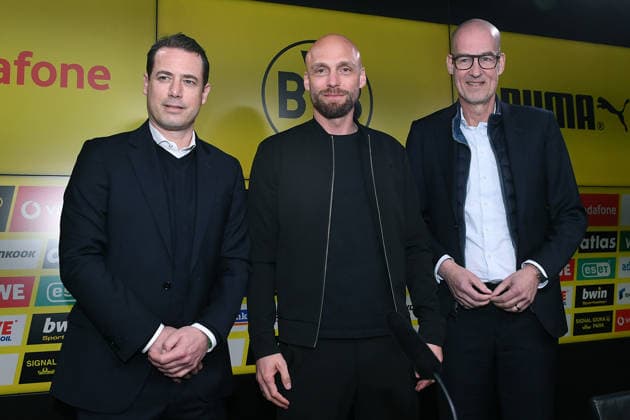 Soccer 1 Bundesliga Presentation of Nils Ole Book at Borussia Dortmund on 25 03 2026 at Signal Iduna Park in Dortmund Lars Ricken Managing Director Sport Dortmund , left Nils Ole Book Sports Director Dortmund , center Carsten Kramer Spokesman of the Management Dortmund , right xRx