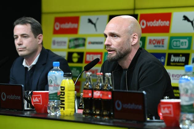 Soccer 1 Bundesliga Presentation of Nils Ole Book at Borussia Dortmund on 25 03 2026 at Signal Iduna Park in Dortmund Nils Ole Book Sports Director Dortmund , front Lars Ricken Managing Director Sport Dortmund , back xRx