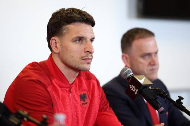 WARSZAWA 25.03.2026 KONFERENCJA PRASOWA REPREZENTACJI ALBANII --- ALBANIA FOOTBALL national team, Nationalteam press conference, PK, Pressekonferenz IN WARSAW BERAT DJIMSITI FOT. PIOTR KUCZA FOTOPYK NEWSPIX.PL --- newspix.pl POLAND OUT! 