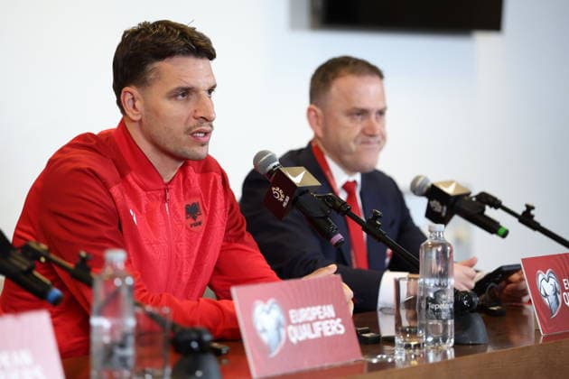 WARSZAWA 25.03.2026 KONFERENCJA PRASOWA REPREZENTACJI ALBANII --- ALBANIA FOOTBALL national team, Nationalteam press conference, PK, Pressekonferenz IN WARSAW BERAT DJIMSITI FOT. PIOTR KUCZA FOTOPYK NEWSPIX.PL --- newspix.pl POLAND OUT! 