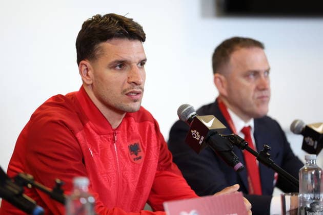 WARSZAWA 25.03.2026 KONFERENCJA PRASOWA REPREZENTACJI ALBANII --- ALBANIA FOOTBALL national team, Nationalteam press conference, PK, Pressekonferenz IN WARSAW BERAT DJIMSITI FOT. PIOTR KUCZA FOTOPYK NEWSPIX.PL --- newspix.pl POLAND OUT! 