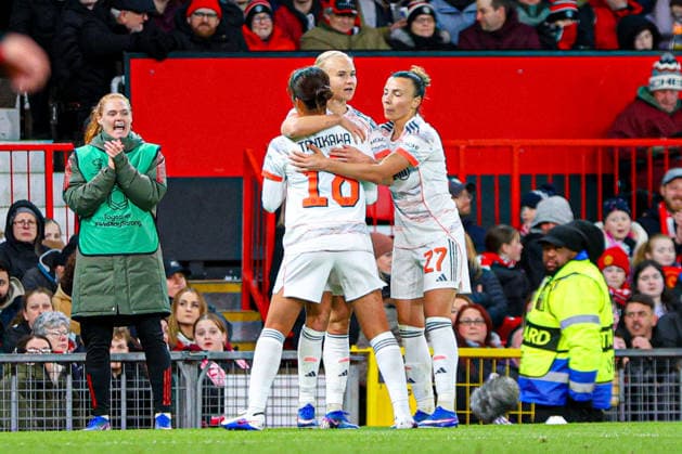 MANCHESTER, ENGLAND - March 25: Pernille Harder of Bayern Munich celebrates scoring the second goal for Bayern during the UEFA Womens Champions League match between Manchester United, ManU and Bayern Munich at Old Trafford in Manchester, England Copyright: xNataliexMincher SPPx Sportspressphoto_SPR118178