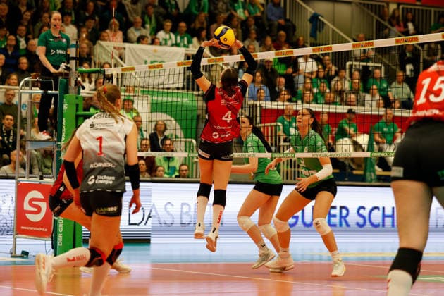 Volleyball I Women I Season 2025 2026 I Bundesliga I Playoff Quarterfinals 2 I USC Münster Dresdner SC I 25 03 2026 Emma Grome 4, Dresdner SC Passes the ball to a teammate Münster Sporthalle Berg Fidel North Rhine-Westphalia Germany Copyright: xLobeca CedricxSiefkerx