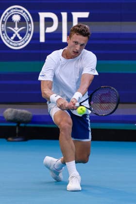 MIAMI GARDENS, FL - MARCH 25: Jiri Lehecka (CZE) in action during a men™s quarter-final singles match against Martin Landaluce (ESP) at the Miami Open on March 25, 2026, at Hard Rock Stadium in Miami Gardens, Florida,(Photo by Chris Arjoon Icon Sportswire) TENNIS: MAR 25 Miami Open EDITORIAL USE ONLY Icon2603250010086