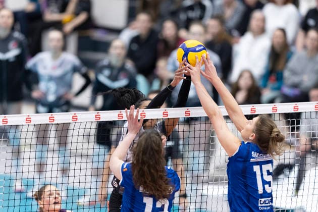 1 Volleyball Bundesliga Womens Playoffs Quarterfinals Schwarz Weiss Erfurt vs Allianz MTV Stuttgart Erfurt 25 03 2026 Alianza Darley 14 Schwarz Weiss Erfurt vs Lucia Varela 12 Allianz MTV Stuttgart left and Melani Shaffmaster 15 Allianz MTV Stuttgart right 1 Volleyball Bundesliga Womens Playoffs Quarterfinals Schwarz Weiss Erfurt vs Allianz MTV Stuttgart Riethsporthalle Erfurt 25 03 2026 Copyright: xBEAUTIFULxSPORTS Duehringx