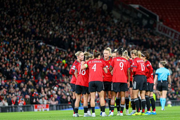 MANCHESTER, ENGLAND - March 25: Maya Le Tissier of Manchester United, ManU celebrates after equalising through a penalty during the UEFA Womens Champions League match between Manchester United and Bayern Munich at Old Trafford in Manchester, England Copyright: xNataliexMincher SPPx Sportspressphoto_SPR118215