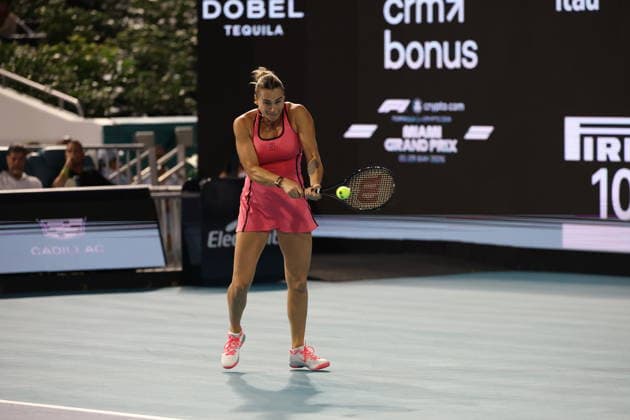 March 25, 2026, Miami Gardens, Florida, United States Of America: MIAMI GARDENS, FL - MARCH 25: Aryna Sabalenka of Belarus defeats Hailey Baptiste of the United States in the women s quarter-final singles match at the Miami Open on March 25, 2026, at Hard Rock Stadium in Miami Gardens, Florida...People: Aryna Sabalenka 2026 Miami Open - Day 9  - ZUMAs214 20260325_ada_s214_005 Copyright: xSMGx