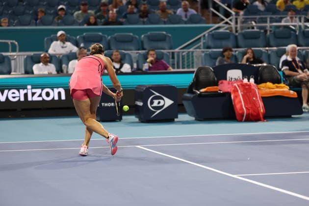 March 25, 2026, Miami Gardens, Florida, United States Of America: MIAMI GARDENS, FL - MARCH 25: Aryna Sabalenka of Belarus defeats Hailey Baptiste of the United States in the women s quarter-final singles match at the Miami Open on March 25, 2026, at Hard Rock Stadium in Miami Gardens, Florida...People: Aryna Sabalenka 2026 Miami Open - Day 9  - ZUMAs214 20260325_ada_s214_029 Copyright: xSMGx