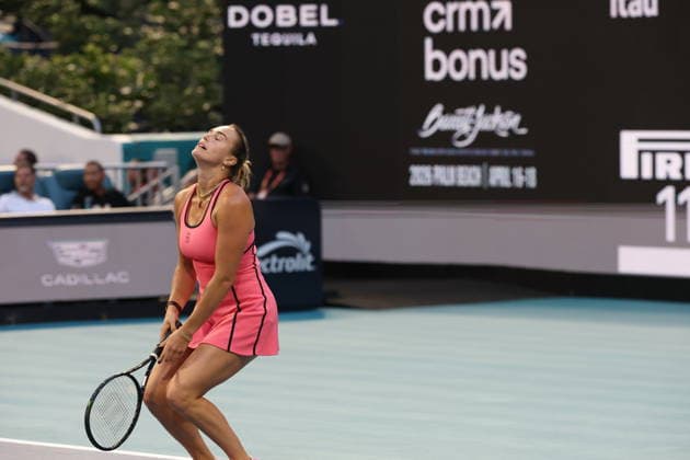 March 25, 2026, Miami Gardens, Florida, United States Of America: MIAMI GARDENS, FL - MARCH 25: Aryna Sabalenka of Belarus defeats Hailey Baptiste of the United States in the women s quarter-final singles match at the Miami Open on March 25, 2026, at Hard Rock Stadium in Miami Gardens, Florida...People: Aryna Sabalenka 2026 Miami Open - Day 9  - ZUMAs214 20260325_ada_s214_038 Copyright: xSMGx