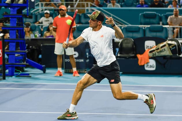 MIAMI GARDENS, FL - MARCH 25: Tommy Paul (USA) in action during a men™s quarter-final singles match against Arthur Fils (FRA) at the Miami Open on March 25, 2026, at Hard Rock Stadium in Miami Gardens, Florida,(Photo by Chris Arjoon Icon Sportswire) TENNIS: MAR 25 Miami Open EDITORIAL USE ONLY Icon2603250010188