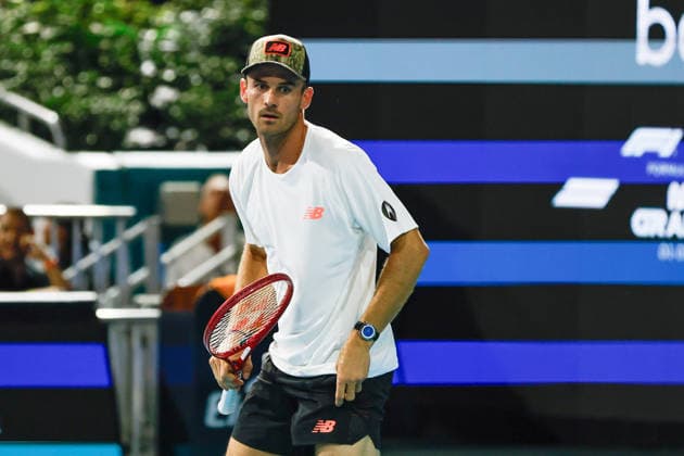 MIAMI GARDENS, FL - MARCH 25: Tommy Paul (USA) in action during a men™s quarter-final singles match against Arthur Fils (FRA) at the Miami Open on March 25, 2026, at Hard Rock Stadium in Miami Gardens, Florida,(Photo by Chris Arjoon Icon Sportswire) TENNIS: MAR 25 Miami Open EDITORIAL USE ONLY Icon2603250010189