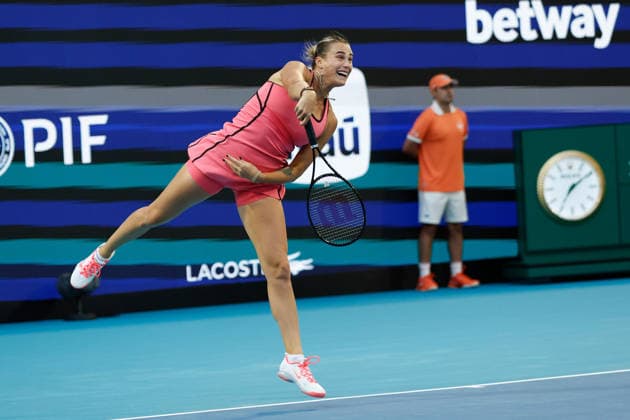 MIAMI GARDENS, FL - MARCH 25: Aryna Sabalenka in action during a women™s quarter-final singles match against Hailey Baptiste (USA) at the Miami Open on March 25, 2026, at Hard Rock Stadium in Miami Gardens, Florida,(Photo by Chris Arjoon Icon Sportswire) TENNIS: MAR 25 Miami Open EDITORIAL USE ONLY Icon2603250010111