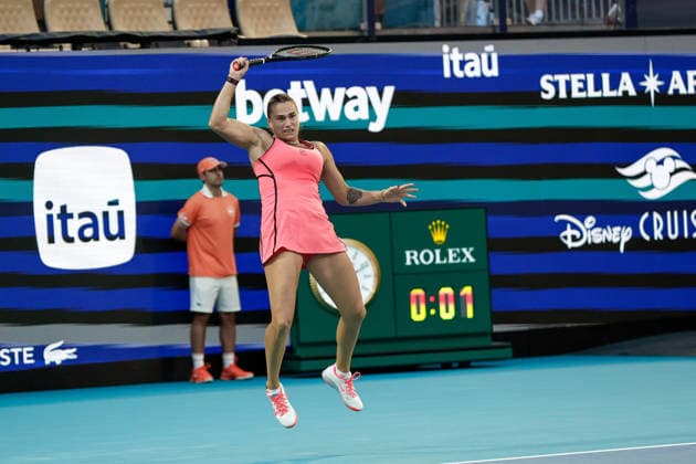 MIAMI GARDENS, FL - MARCH 25: Aryna Sabalenka in action during a women™s quarter-final singles match against Hailey Baptiste (USA) at the Miami Open on March 25, 2026, at Hard Rock Stadium in Miami Gardens, Florida,(Photo by Chris Arjoon Icon Sportswire) TENNIS: MAR 25 Miami Open EDITORIAL USE ONLY Icon2603250010113