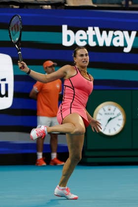 MIAMI GARDENS, FL - MARCH 25: Aryna Sabalenka in action during a women™s quarter-final singles match against Hailey Baptiste (USA) at the Miami Open on March 25, 2026, at Hard Rock Stadium in Miami Gardens, Florida,(Photo by Chris Arjoon Icon Sportswire) TENNIS: MAR 25 Miami Open EDITORIAL USE ONLY Icon2603250010114