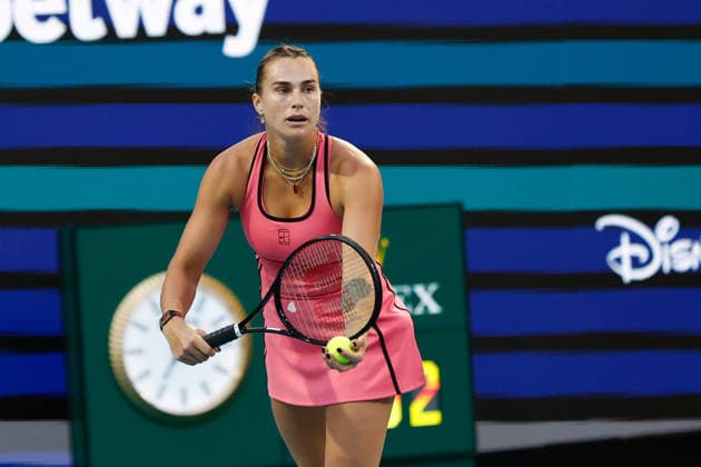 MIAMI GARDENS, FL - MARCH 25: Aryna Sabalenka in action during a women™s quarter-final singles match against Hailey Baptiste (USA) at the Miami Open on March 25, 2026, at Hard Rock Stadium in Miami Gardens, Florida,(Photo by Chris Arjoon Icon Sportswire) TENNIS: MAR 25 Miami Open EDITORIAL USE ONLY Icon2603250010116