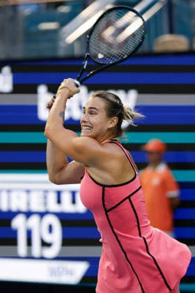 MIAMI GARDENS, FL - MARCH 25: Aryna Sabalenka in action during a women™s quarter-final singles match against Hailey Baptiste (USA) at the Miami Open on March 25, 2026, at Hard Rock Stadium in Miami Gardens, Florida,(Photo by Chris Arjoon Icon Sportswire) TENNIS: MAR 25 Miami Open EDITORIAL USE ONLY Icon2603250010127