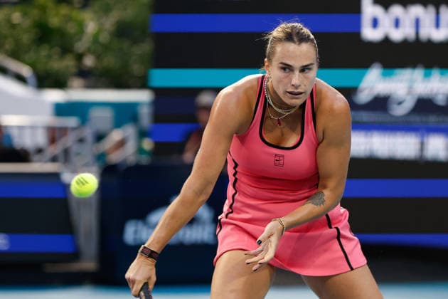 MIAMI GARDENS, FL - MARCH 25: Aryna Sabalenka in action during a women™s quarter-final singles match against Hailey Baptiste (USA) at the Miami Open on March 25, 2026, at Hard Rock Stadium in Miami Gardens, Florida,(Photo by Chris Arjoon Icon Sportswire) TENNIS: MAR 25 Miami Open EDITORIAL USE ONLY Icon2603250010132