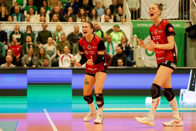 Volleyball I Women I Season 2025 2026 I Bundesliga I Playoff quarter-final 2 I USC Münster Dresdner SC I 25 03 2026 Emma Grome 4, Dresdner SC Cheers after winning a point Münster Sporthalle Berg Fidel North Rhine-Westphalia Germany Copyright: xLobeca CedricxSiefkerx