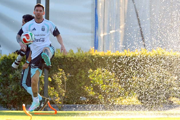 Argentina™s forward Lionel Messi L controls the ball during a training session in Ezeiza, Buenos Aires Province, on March 25, 2026, ahead of the FIFA World Cup 2026 friendly football matches against Mauritania and Zambia EZEIZA ARGENTINA Copyright: xALEJANDROxPAGNIx