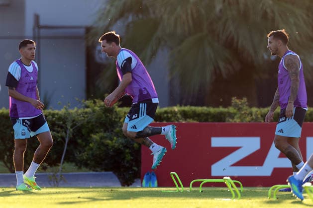 Argentina™s forward Lionel Messi C jumps during a training session in Ezeiza, Buenos Aires Province, on March 25, 2026, ahead of the FIFA World Cup 2026 friendlys football matches against Mauritania and Zambia EZEIZA ARGENTINA Copyright: xALEJANDROxPAGNIx