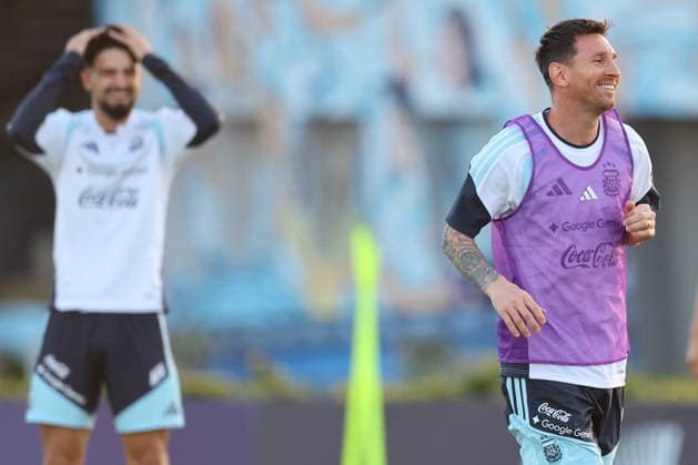 Argentina s forward Lionel Messi R smilles during a training session in Ezeiza, Buenos Aires Province, on March 25, 2026, ahead of the FIFA World Cup 2026 friendlys football matches against Mauritania and Zambia. Copyright: xx