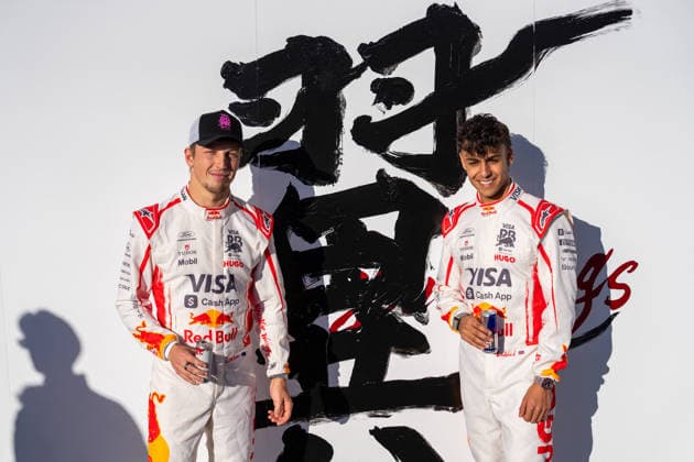 Formula 1 Aramco Japanese Grand Prix 2026 - Media Day LIAM LAWSON (NZL) of Visa Cash App Racing Bulls Formula One Team 30 and ARVID LINDBLAD (GBR) of Visa Cash App Racing Bulls Formula One Team 41 posing next to a painting done at the track by local artist on Media Day during the 2026 Formula 1 Aramco Japanese Grand Prix at the Suzuka Circuit on March 26, 2026. Photo by Antoine Lapeyre ABACAPRESS.COM Suzuka Japan  Copyright: xLapeyrexAntoine ABACAx