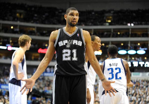 Dec 30, 2012: San Antonio Spurs power forward Tim Duncan 21 questions a call during an NBA, Basketball Herren, USA game between the San Antonio Spurs and the Dallas Mavericks at the American Airlines Center in Dallas, TX San Antonio defeated Dallas 111-86 Copyright: xAlbertxPenax