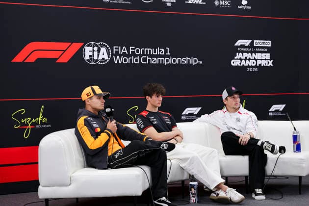 March 26, 2026, Suzuka, Mie, Japan: LANDO NORRIS of McLaren listens as a reporter asks a question while OLIVER BEARMAN of Haas F1 Team and LIAM LAWSON of Visa Cash App Racing Bulls also pay close attention during a press conference, PK, Pressekonferenz on media day ahead of the Formula 1 Japanese Grand Prix at Suzuka Circuit. 2026 Japanese Grand Prix  - ZUMAh201 20260326_zsp_h201_014 Copyright: xYichinxHoux