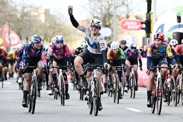 British Carys Lloyd of Movistar Team celebrates after winning the Ronde van Brugge women s elite one-day cycling race, 143,7 km from and to Brugge on Thursday 26 March 2026. MAARTENxSTRAETEMANS  x168982933x