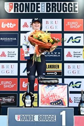 British Carys Lloyd of Movistar Team pictured on the podium after the Ronde van Brugge women s elite one-day cycling race, 143,7 km from and to Brugge on Thursday 26 March 2026. MAARTENxSTRAETEMANS  x168984182x