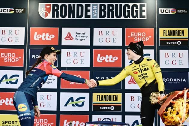 Italian Elisa Balsamo of Lidl-Trek and Dutch Nienke Veenhoven of Team Visma-Lease a Bike pictured on the podium after the Ronde van Brugge women s elite one-day cycling race, 143,7 km from and to Brugge on Thursday 26 March 2026. MAARTENxSTRAETEMANS  x168984831x