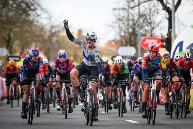 British Carys Lloyd of Movistar Team celebrates after winning the Ronde van Brugge women s elite one-day cycling race, 143,7 km from and to Brugge on Thursday 26 March 2026. ELIASxROM  x168985443x
